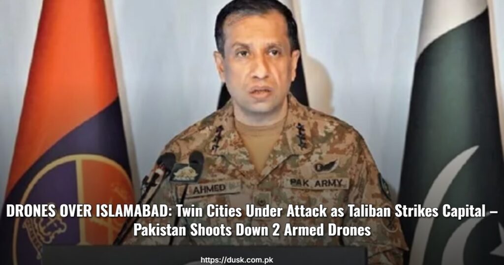 Pakistan Army shoots down two armed Taliban drones attacking Islamabad and Rawalpindi on March 13, 2026. Security forces intercept UAVs near Faizabad Interchange as twin cities come under drone strike. March 2026 drone attack on Pakistan capital foiled.